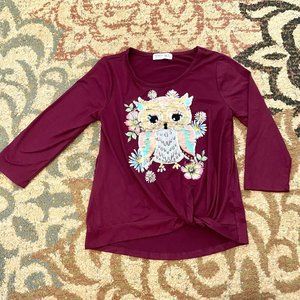 Beautees Girls Long Sleeve Owl Sequins Maroon Red Pink Shirt